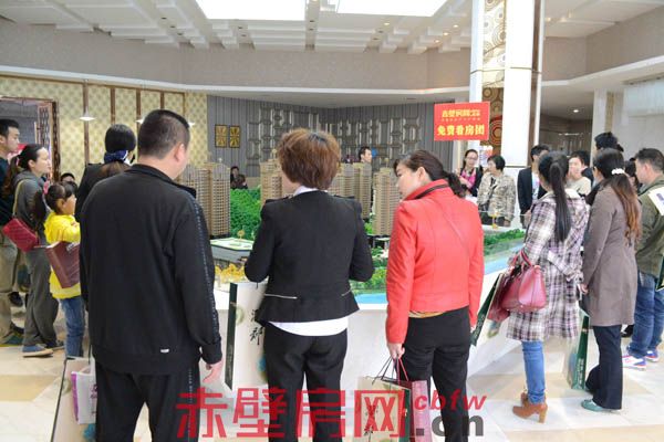 网友们在博园·澜郡营销中心观看沙盘
